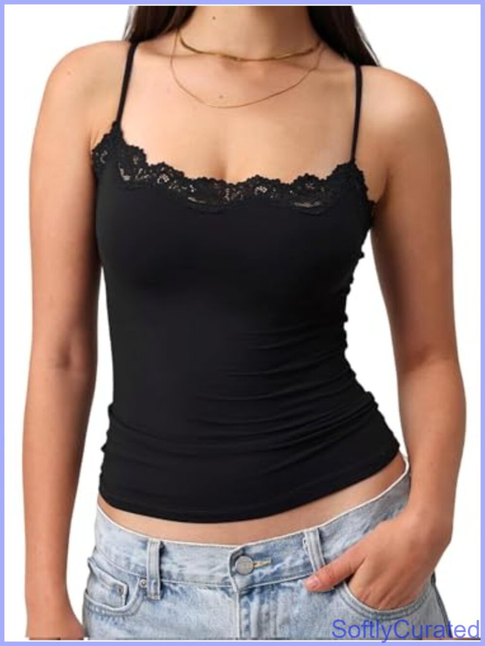 Square Neck Lace Trim Cami Tank Top Fitted Sleeveless Crop